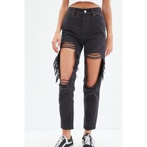 PACSUN | ULTRA HIGH RISE SLIM BLACK DESTROYED FADED BUTTON FLY JEANS WOMEN 24